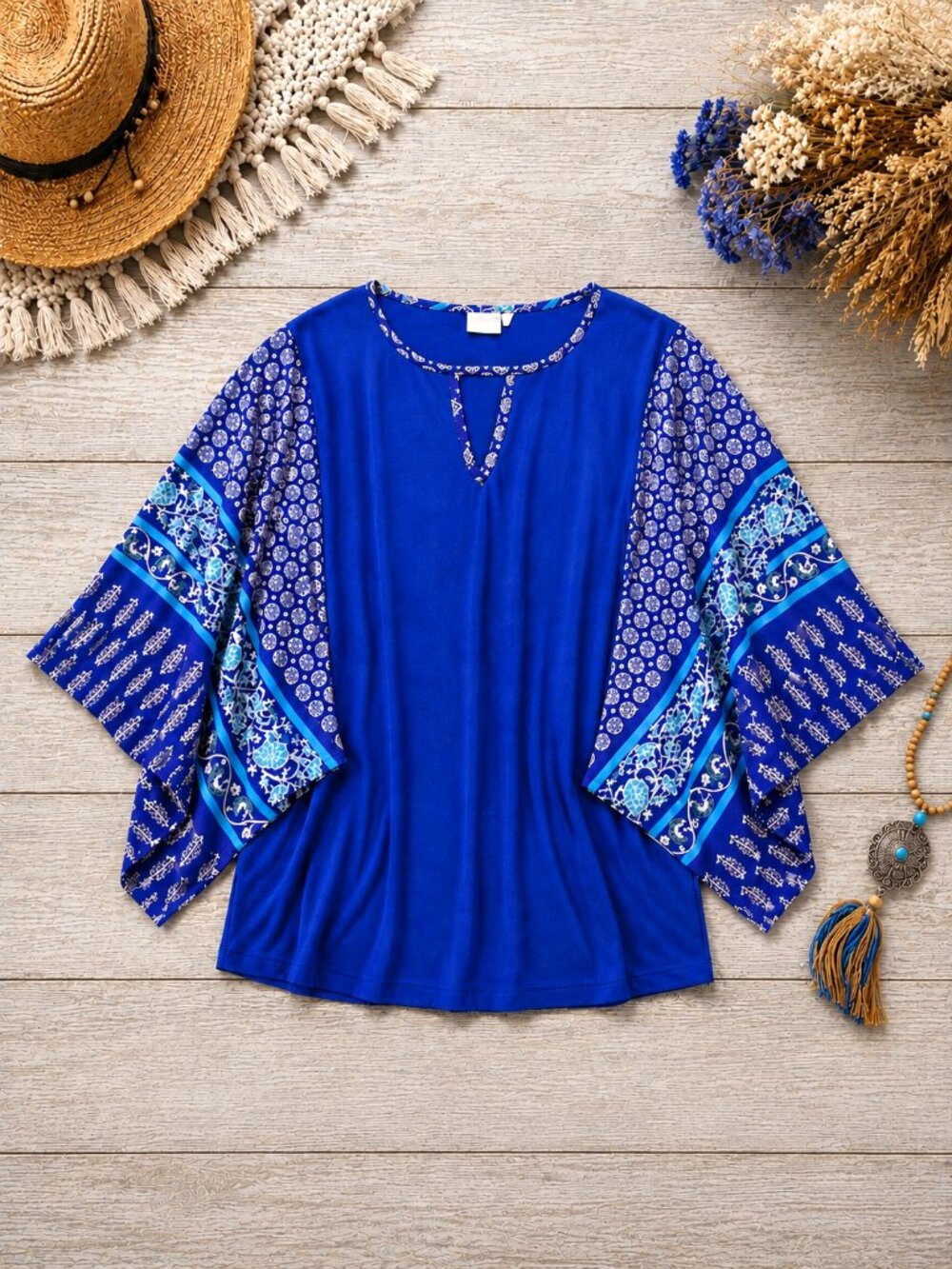 Chico's Blue Kimono Sleeve Top Boho Paisley Tunic Blouse Size 1 (Medium, Size 8)